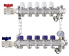Коллектор для тёплого пола 1" х G 3/4" HEIMSHAFT на  5 выходов с вентильными вставками,манометром,ручным в/о,нерж. cт с 2 шар кранами
