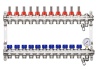 Коллектор для тёплого пола 1" х G 3/4" HEIMSHAFT на 11 выходов с расх-ми,манометром,ручным в/о,нерж. cт