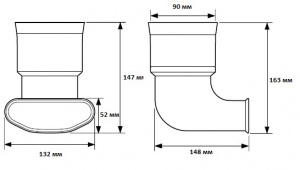 Размеры переходника вертикального с трубы туннельной формы на классическую profi-air 132 мм x 52 мм-Ду 90