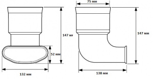 Размеры переходника вертикального с трубы туннельной формы на классическую profi-air 132 мм x 52 мм-Ду 75