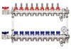 Коллектор для тёплого пола 1" х G 3/4" HEIMSHAFT на  9 выходов с расх-ми,манометром,ручным в/о,нерж. cт с 2 шар кранами