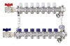 Коллектор для тёплого пола 1" х G 3/4" HEIMSHAFT на  7 выходов с вентильными вставками,манометром,ручным в/о,нерж. cт с 2 шар кранами