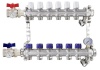 Коллектор для тёплого пола 1" х G 3/4" HEIMSHAFT на  6 выходов с вентильными вставками,манометром,ручным в/о,нерж. cт с 2 шар кранами